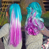 Straight & Wavy Girls Turquoise, White & Magenta Ponytail Hair Extensions Back View