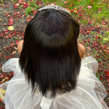 Girls straight black wig with tiara headband from behind