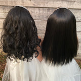 Girls wearing black princess wig wavy & straight with tiara & snow white costume