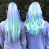 Girls wearing Unicorn color hair extensions straight and wavy cute hair accessories