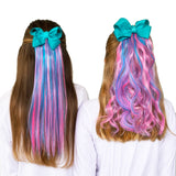 Girls cotton candy pink and teal hair extensions with teal bow straight and wavy