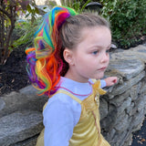 Girl Wearing Rainbow Highlights Ponytail Hair Extension Side View