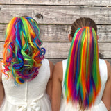 Girls Wearing Curly & Straight Rainbow Highlights Ponytail Hair Extensions